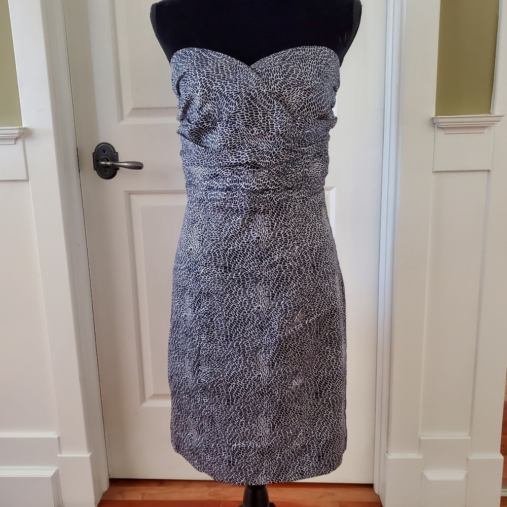 Navy and White strapless straight skirt sheath dress cotton ruched